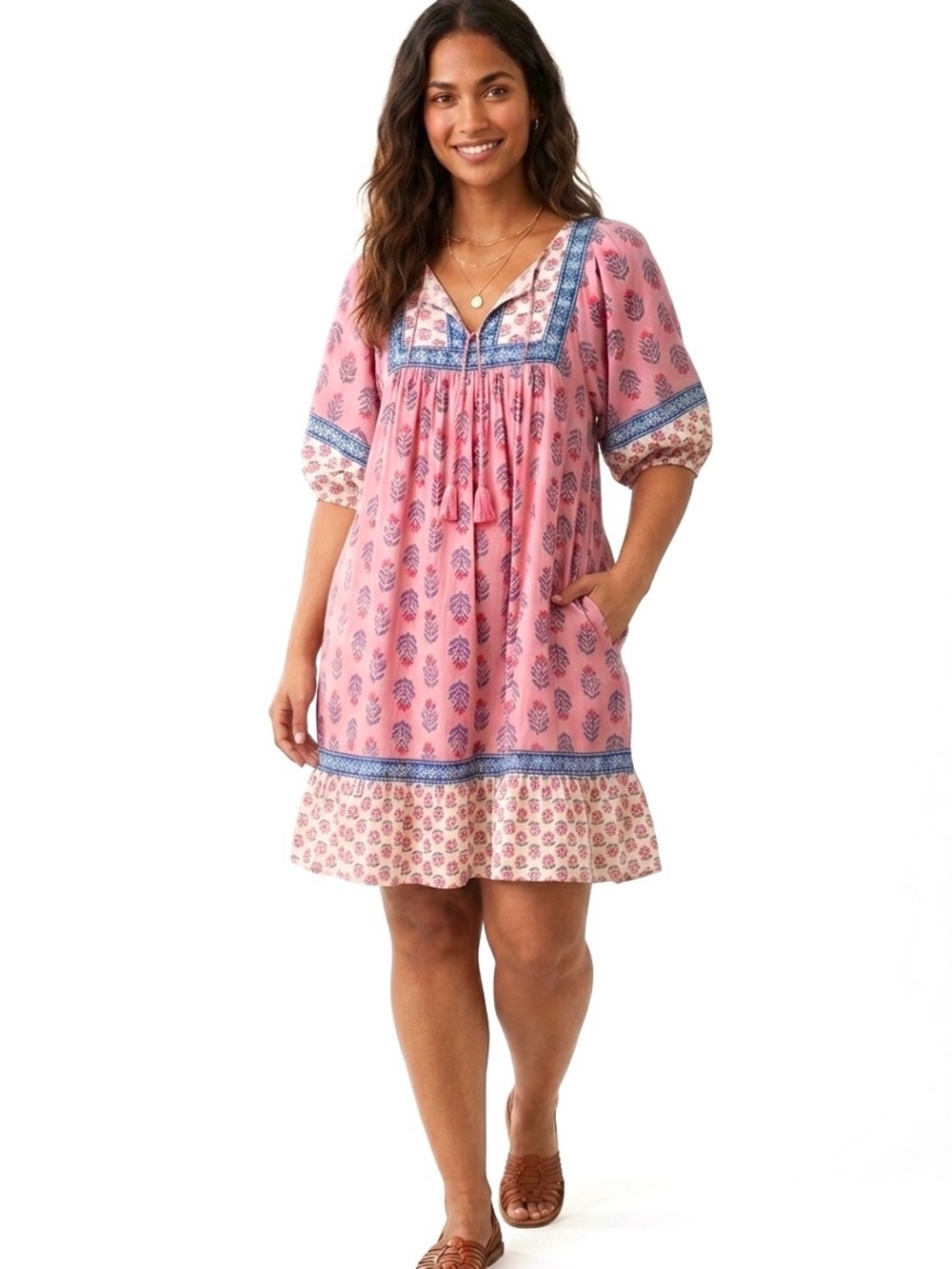 Puff-Sleeve Printed Mini Swing Dress size M #0216